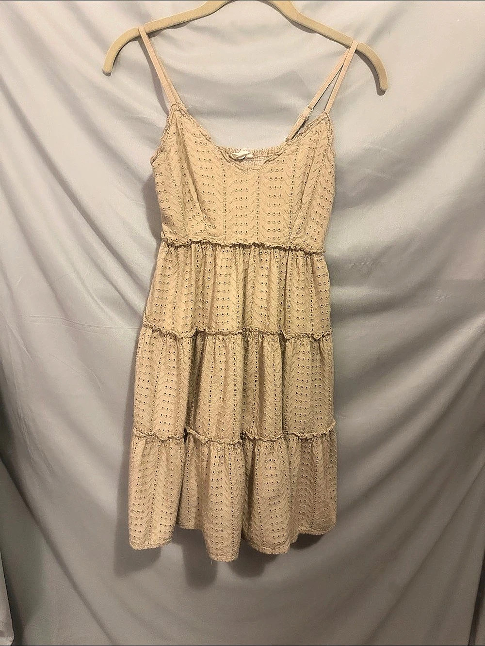 Sim & Sam Tiered Eyelet Midi Dress in Beige